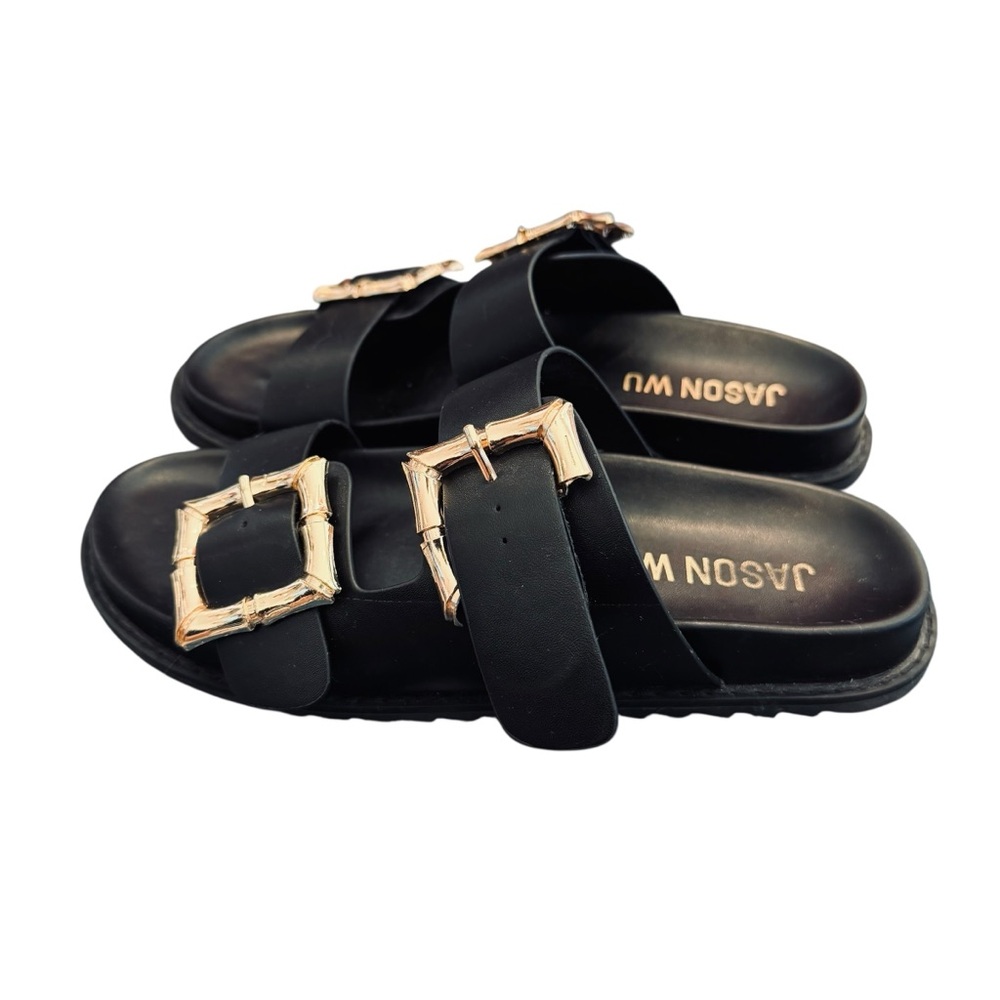Jason Wu Black & Gold Marzan Slide Sandals with Gold Buckles - Picture 3 of 15